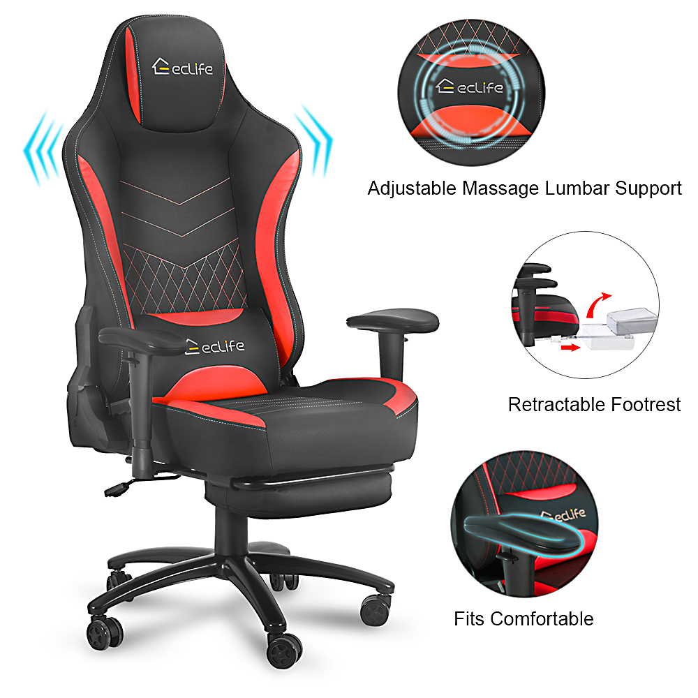 Home Office PU Leather Rotatable Massage Gaming Chair Height Adjustable with Ergonomic High Backrest and Footrest - Red