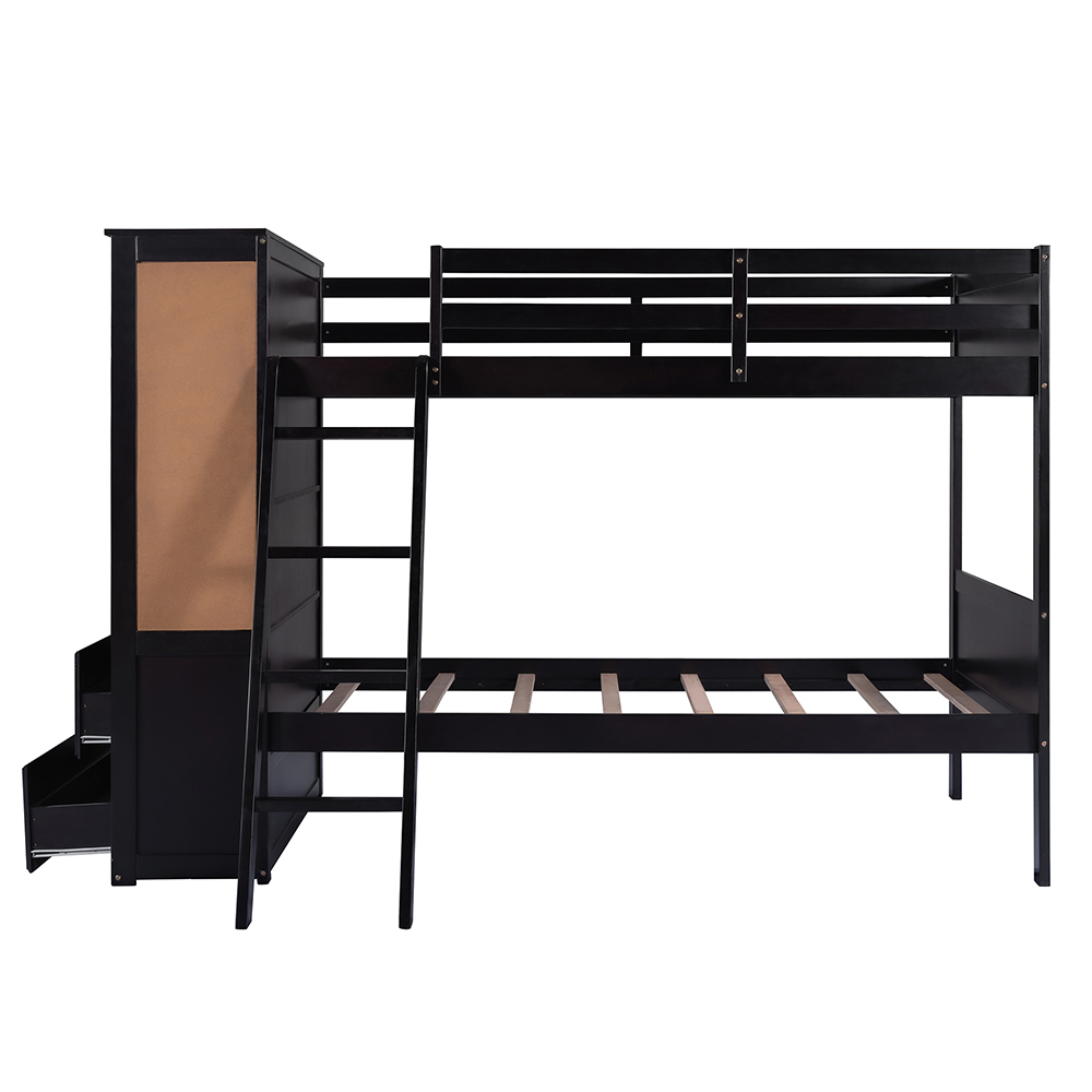 TwinOverTwin Size Bunk Bed Frame with Bookcase Espresso