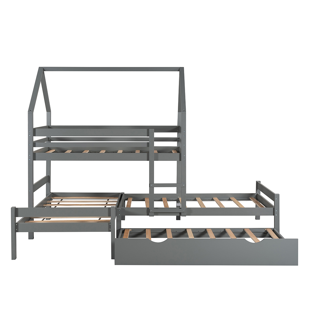 Twin-Over-Twin Size House-Shaped Bunk Bed Frame with Trundle Bed, and Wooden Slats Support, No Spring Box Required (Frame Only) - Gray