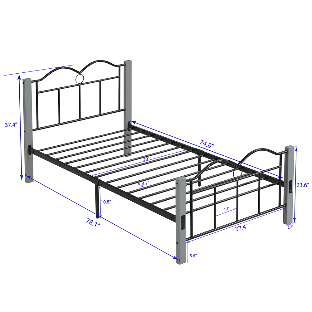 Twin-Size Metal Platform Bed Frame with Wooden Feet, and Steel Slats Support, No Box Spring Needed (Only Frame) - Gray