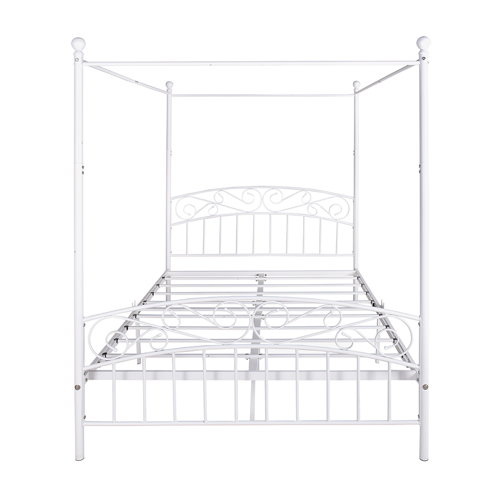 Queen-Size Canopy Metal Platform Bed Frame with 4 Pillars, Headboard and Metal Slats Support, No Box Spring Needed (Only Frame) - White