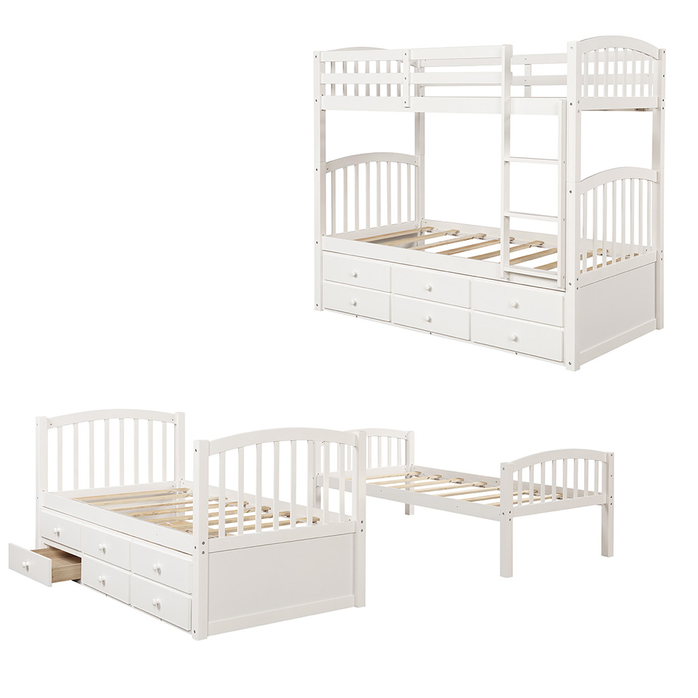 Twin-Over-Twin Size Bunk Bed Frame with 3 Storage Drawers Trundle Bed, and Wooden Slats Support, No Spring Box Required (Frame Only) - White