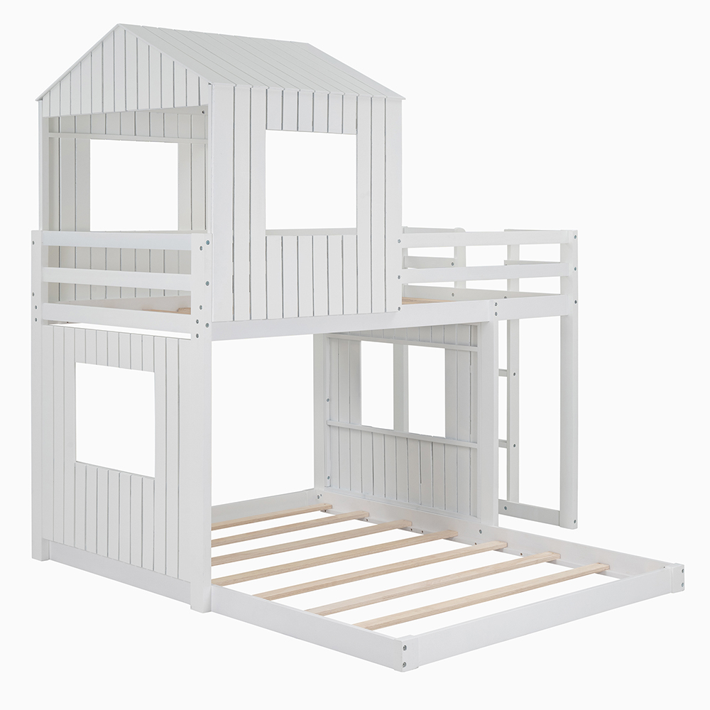 Twin-Over-Full Size Bunk Bed Frame with Roof, and Wooden Slats Support, No Spring Box Required (Frame Only) - White