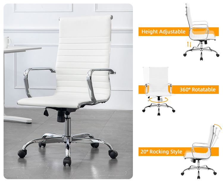 PU Leather Rotating Office Chair Height Adjustable with Ergonomic Backrest and Casters - White