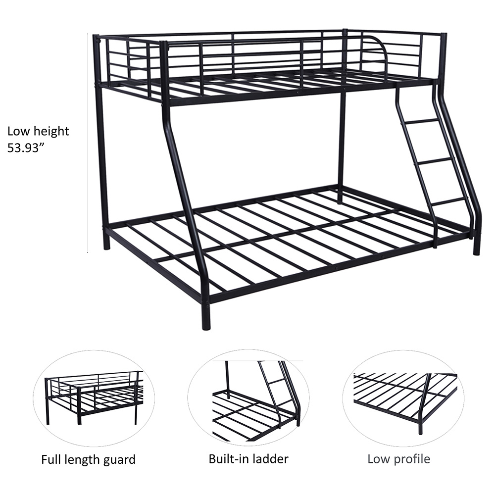 Twin-Over-Full Size Bunk Bed Frame with Ladder, and Metal Slats Support, No Spring Box Required (Frame Only) - Black