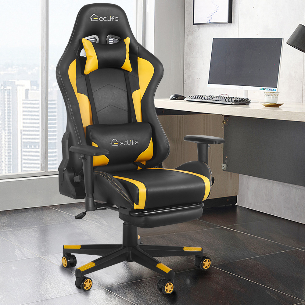 Home Office PU Leather Rotatable Massage Gaming Chair Height Adjustable with Ergonomic High Backrest and Casters - Yellow