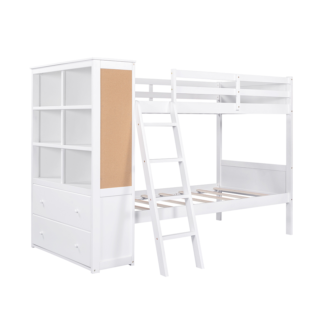 Twin-Over-Twin Size Bunk Bed Frame with Bookcase, Storage Drawers, and Wooden Slats Support, No Spring Box Required (Frame Only) - White