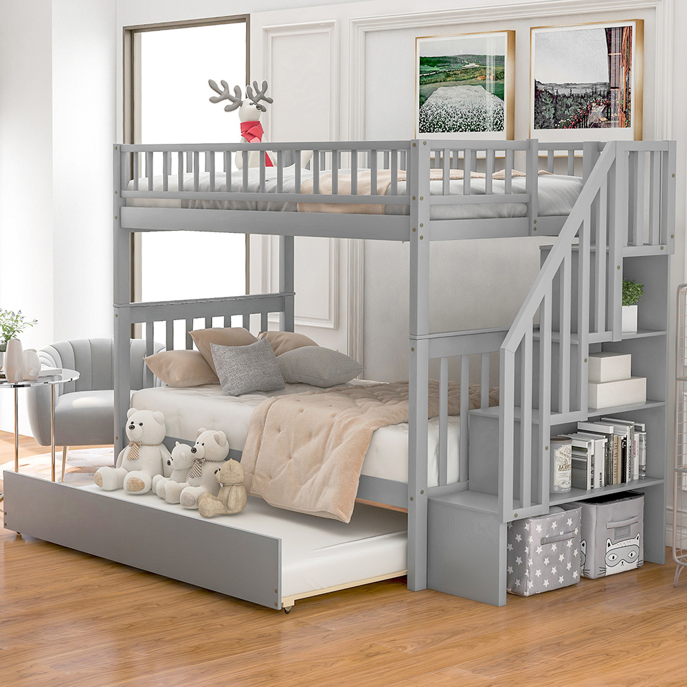 Twin-Over-Twin Size Bunk Bed Frame with Trundle Bed, Storage Shelves, and Wooden Slats Support, No Spring Box Required (Frame Only) - Gray