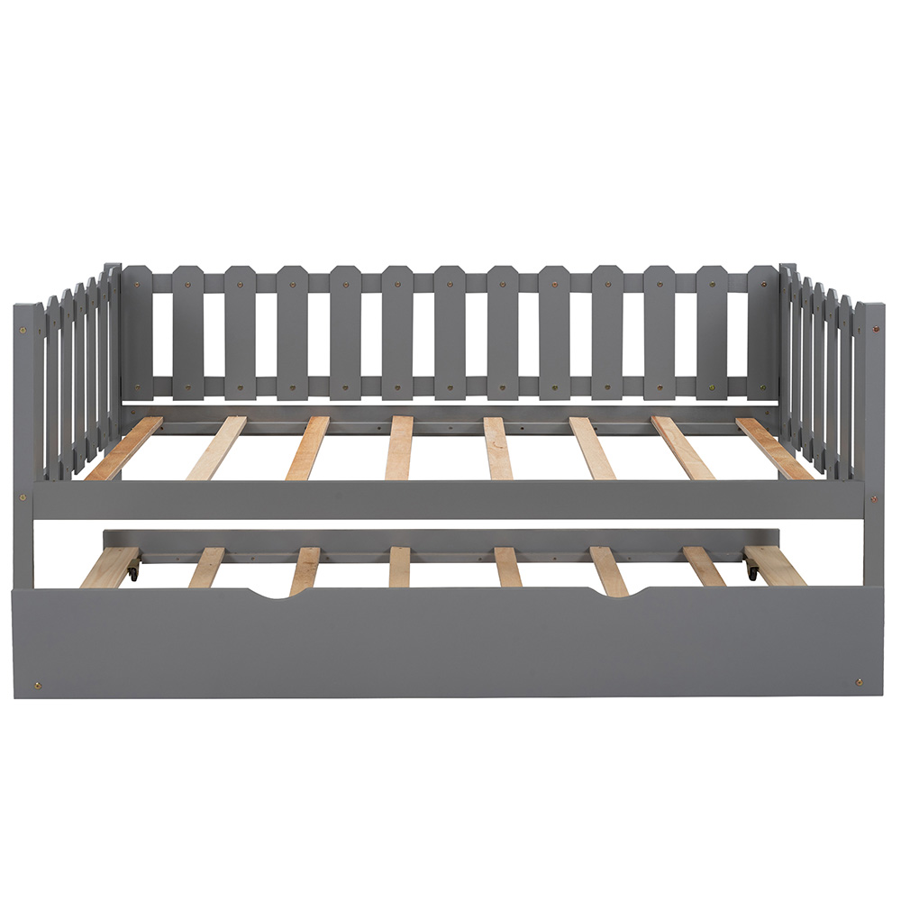 Twin Size Rustic Style Daybed with Trundle Bed, and Wooden Slats Support, Space-saving Design, No Box Spring Needed - Gray