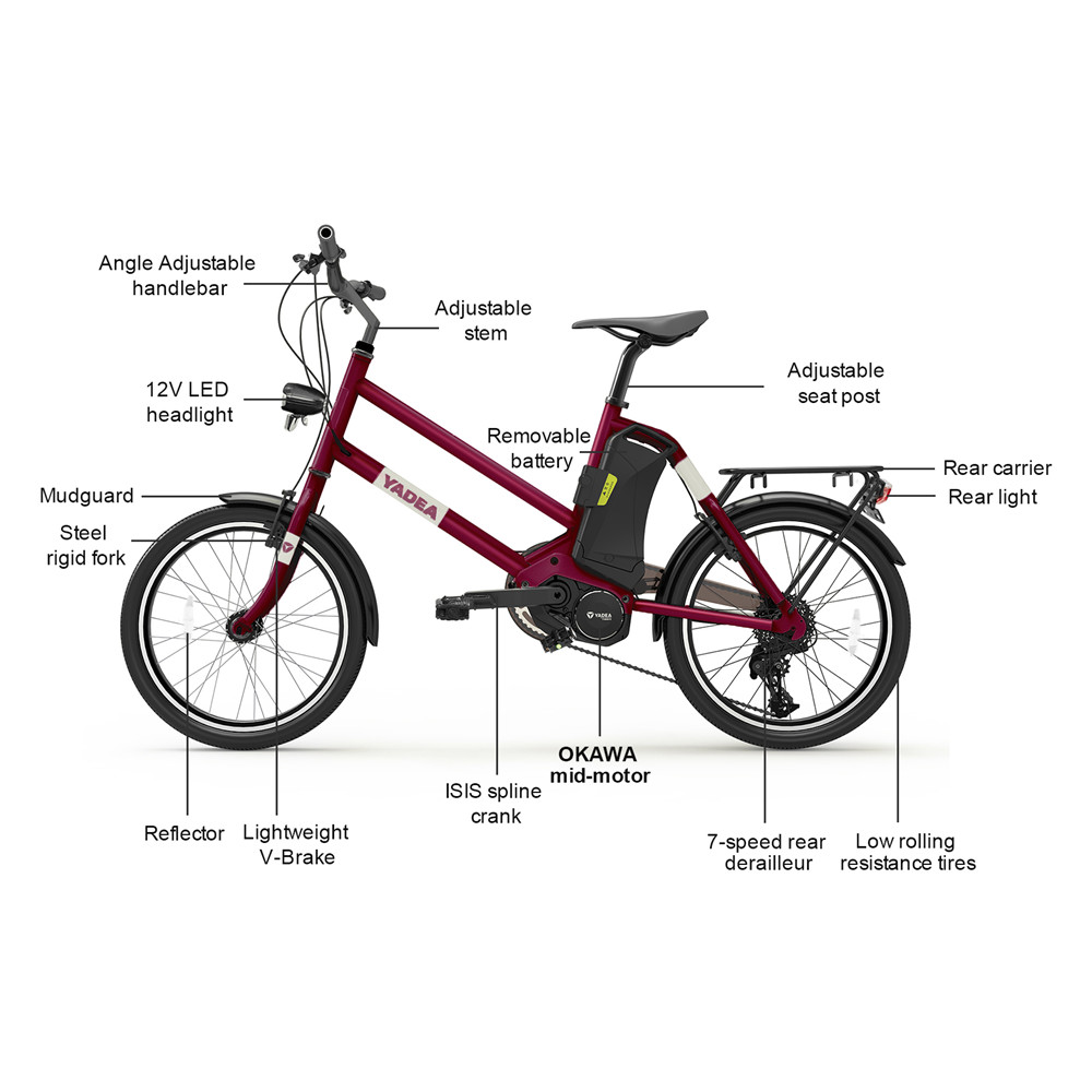 YADEA YT300 20 inch Touring Electric City Bike 350W OKAWA Mid Drive Motor SHIMANO 7-Speed Rear Derailleur 36V 7.8Ah Removable Battery 25km/h Max speed up to 60km Max Range LED Headlight - Red