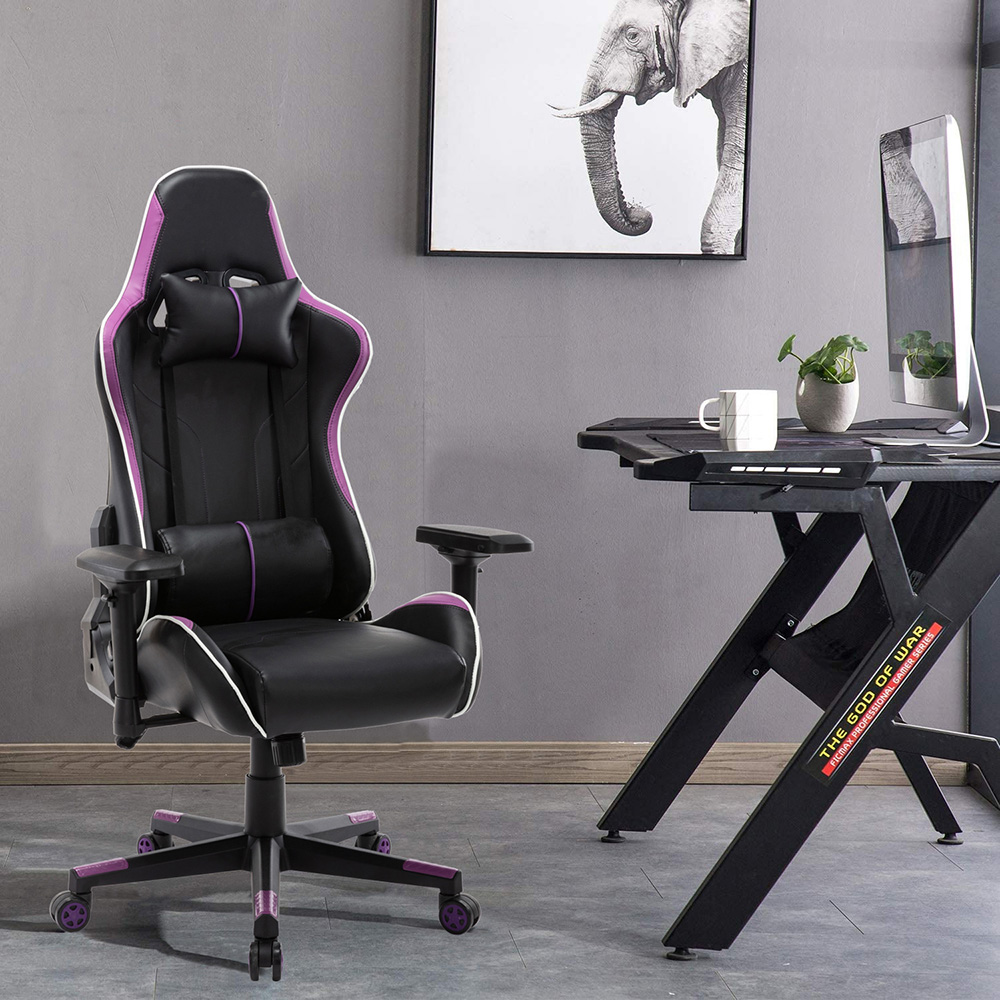 Home Office PU Leather Rotatable Gaming Chair Height Adjustable with Ergonomic High Backrest and Casters - Purple