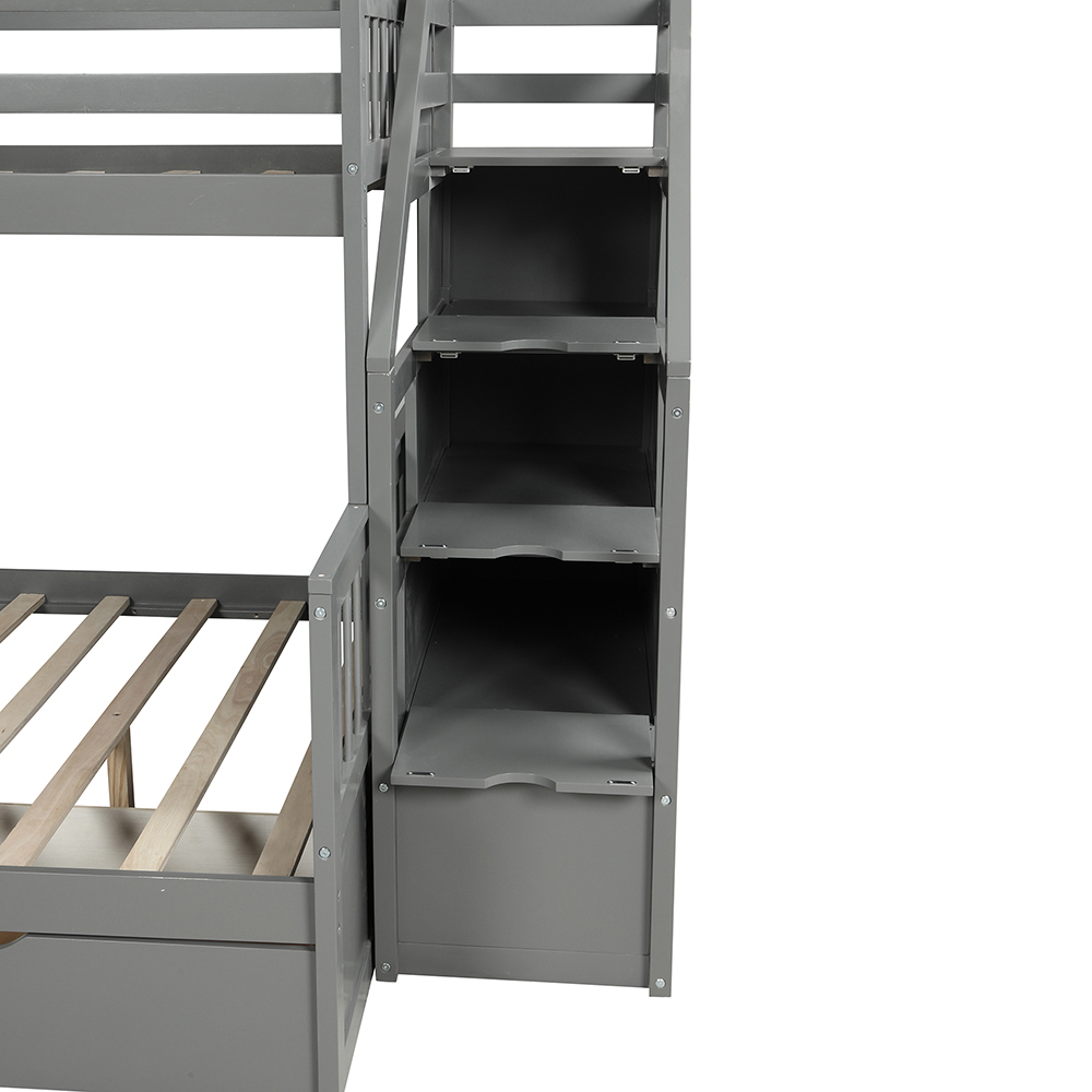 Twin-Over-Full Size Bunk Bed Frame with 2 Drawers, Storage Stairs, and Wooden Slats Support, No Spring Box Required (Frame Only) - Gray
