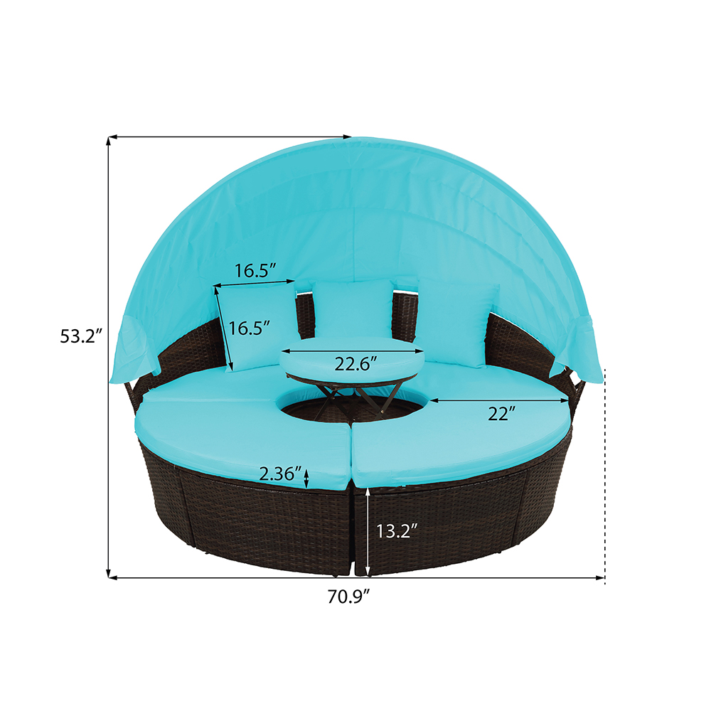 TOPMAX Patio Round Rattan Daybed with Retractable Canopy, Separate Seating and Removable Cushion - Blue