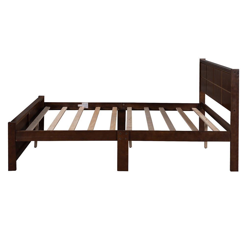 Full-Size Platform Bed Frame with Rectangular Line Shape Headboard and Wooden Slats Support, No Box Spring Needed (Only Frame) - Walnut