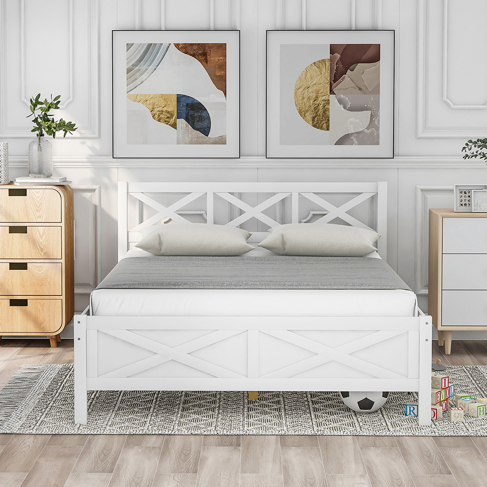 Full Size Wooden Platform Bed Frame with High Legs and Wooden Slats - White