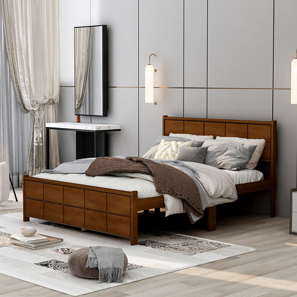 Queen-Size Platform Bed Frame with Rectangular Line Shape Headboard and Wooden Slats Support, No Box Spring Needed (Only Frame) - Walnut