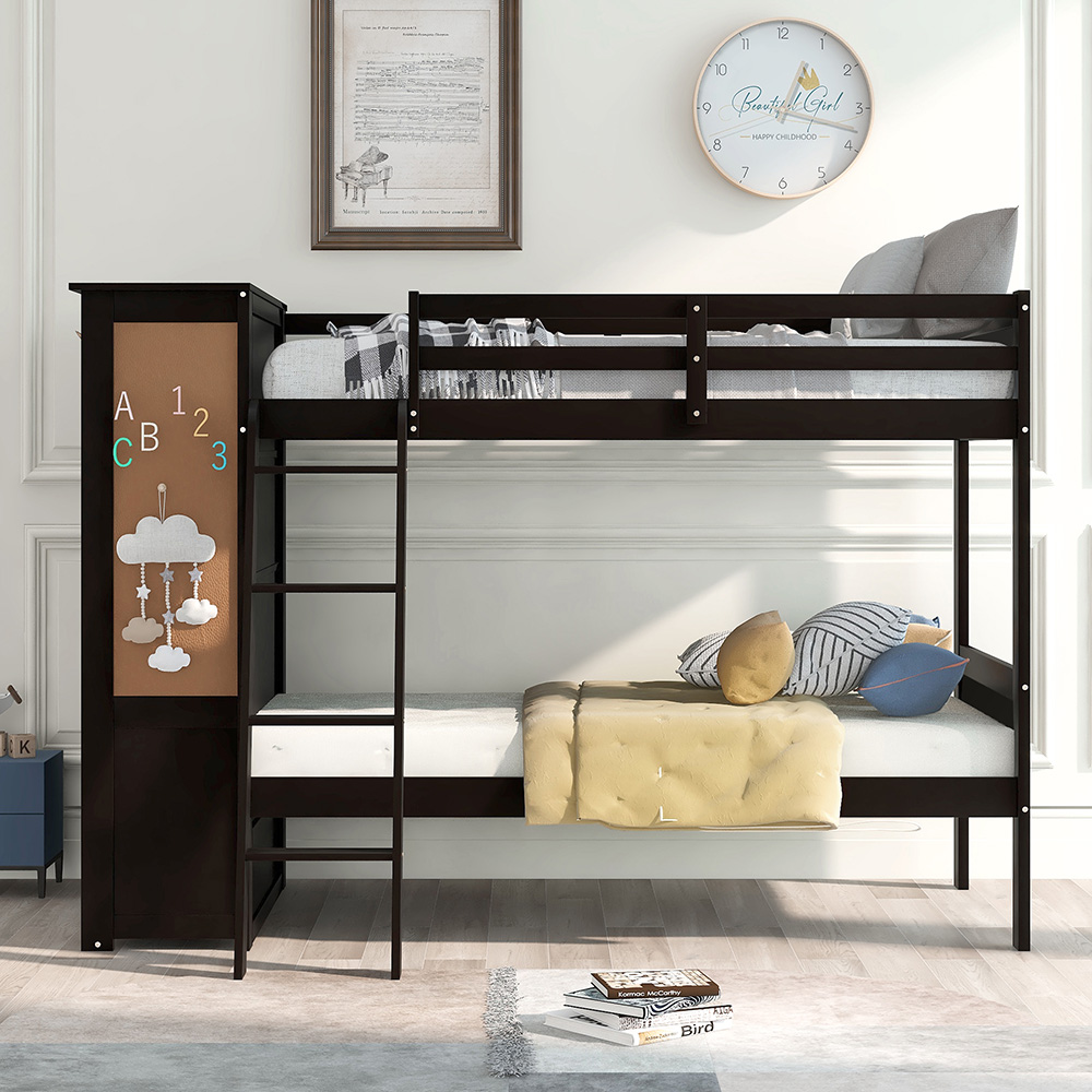 Twin-Over-Twin Size Bunk Bed Frame with Bookcase, Storage Drawers, and Wooden Slats Support, No Spring Box Required (Frame Only) - Espresso