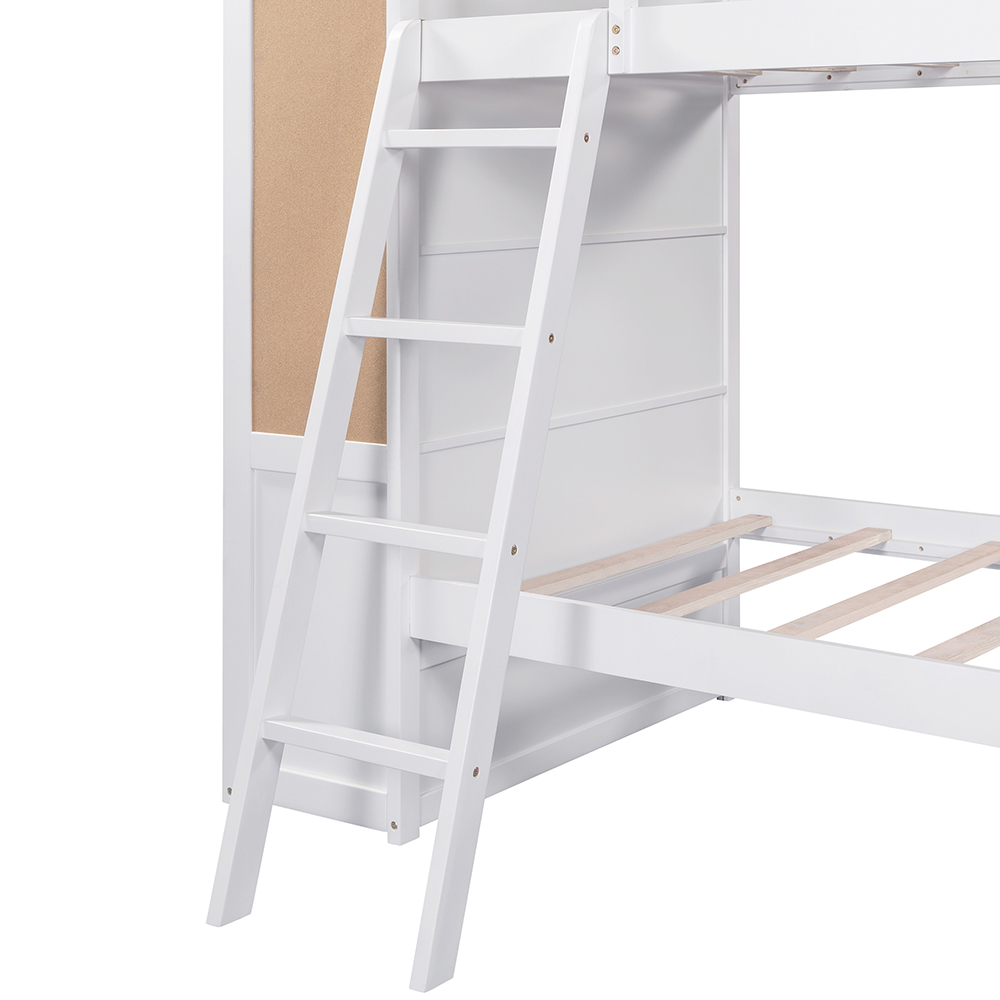 Twin-Over-Twin Size Bunk Bed Frame with Bookcase, Storage Drawers, and Wooden Slats Support, No Spring Box Required (Frame Only) - White