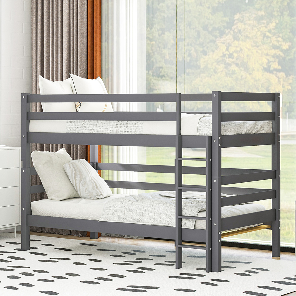 Twin-Over-Twin Size Splittable Bunk Bed Frame with Ladder, and Wooden Slats Support, No Spring Box Required (Frame Only) - Gray