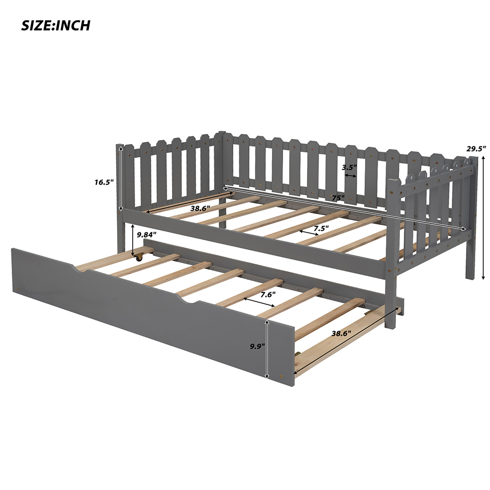 Twin Size Rustic Style Daybed with Trundle Bed, and Wooden Slats Support, Space-saving Design, No Box Spring Needed - Gray