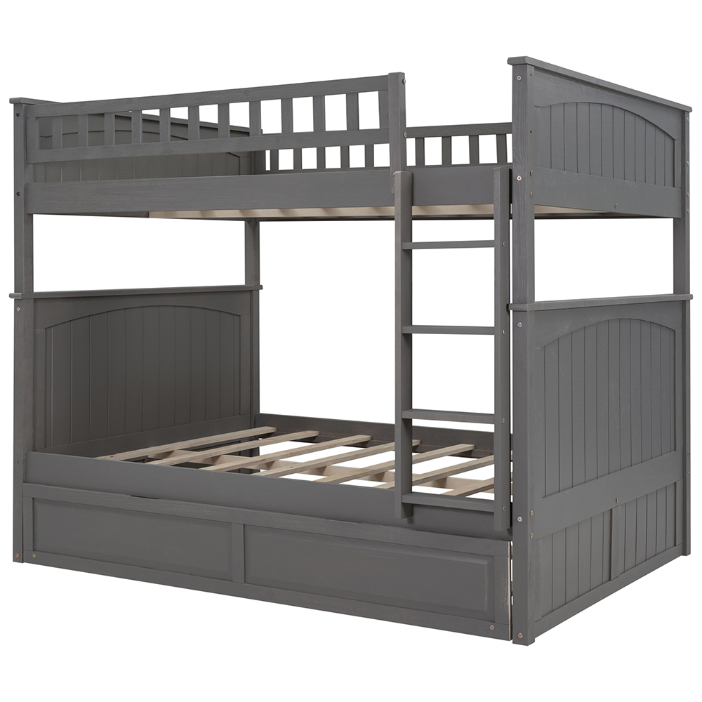 Full-Over-Full Size Bunk Bed Frame with Trundle Bed, and Wooden Slats Support, No Spring Box Required (Frame Only) - Gray