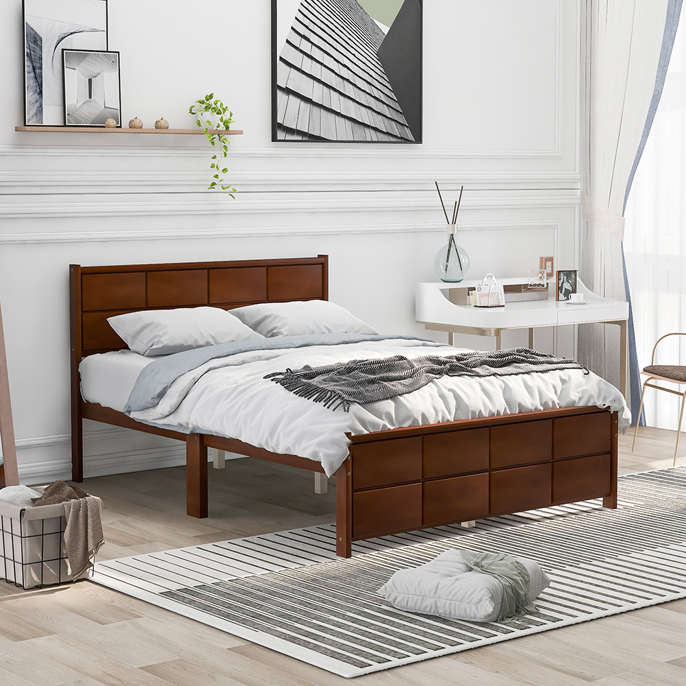Full-Size Platform Bed Frame with Rectangular Line Shape Headboard and Wooden Slats Support, No Box Spring Needed (Only Frame) - Walnut