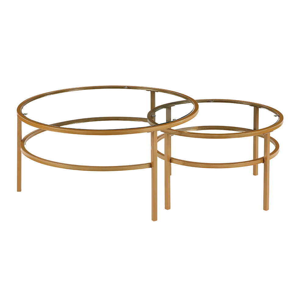 U-STYLE Glass Round Coffee Table Set of 2, with Metal Frame, for Kitchen, Restaurant, Office, Living Room, Cafe - Gold