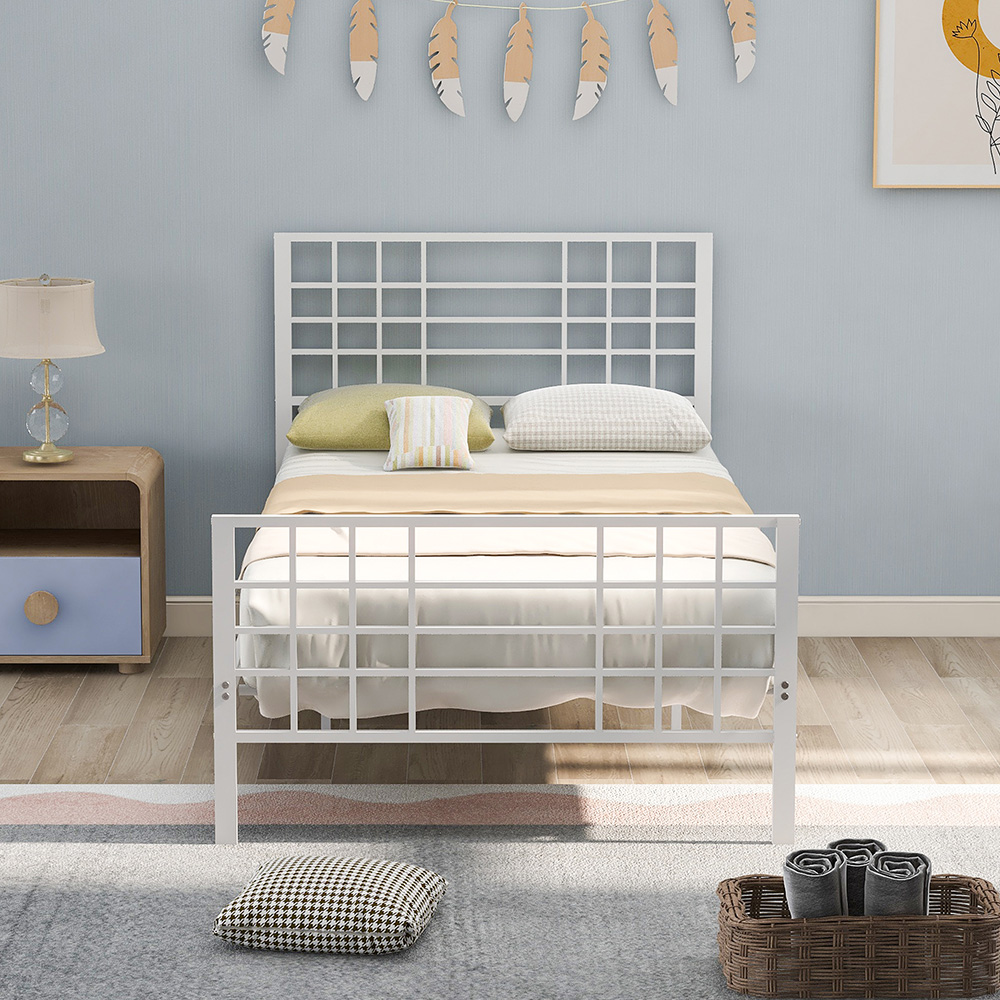 Twin-Size Metal Platform Bed Frame with Headboard and steel Slats Support, No Box Spring Needed (Only Frame) - White