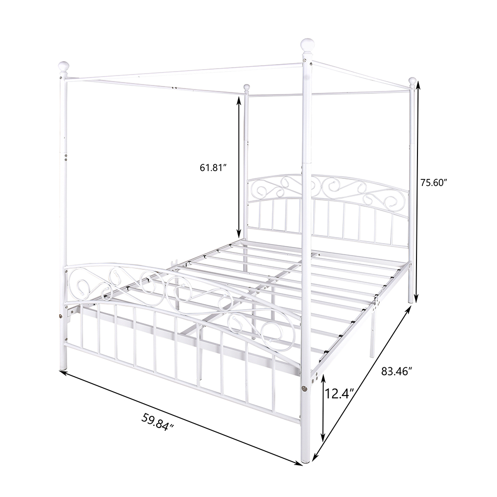 Queen-Size Canopy Metal Platform Bed Frame with 4 Pillars, Headboard and Metal Slats Support, No Box Spring Needed (Only Frame) - White