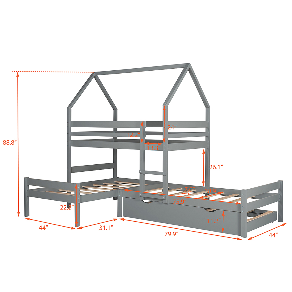 Twin-Over-Twin Size House-Shaped Bunk Bed Frame with Trundle Bed, and Wooden Slats Support, No Spring Box Required (Frame Only) - Gray