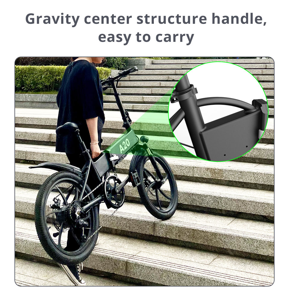 ADO A20 Electric Folding Bike 20 inch City Bicycle 350W Hall Brushless Gear DC Motor SHIMANO 7-Speed Rear Derailleur 36V 10.4Ah Removable Battery 35km/h Max speed up to 60km Max Range IPX5 Double Shock-absorption LED Headlight Aluminum alloy Frame - Black