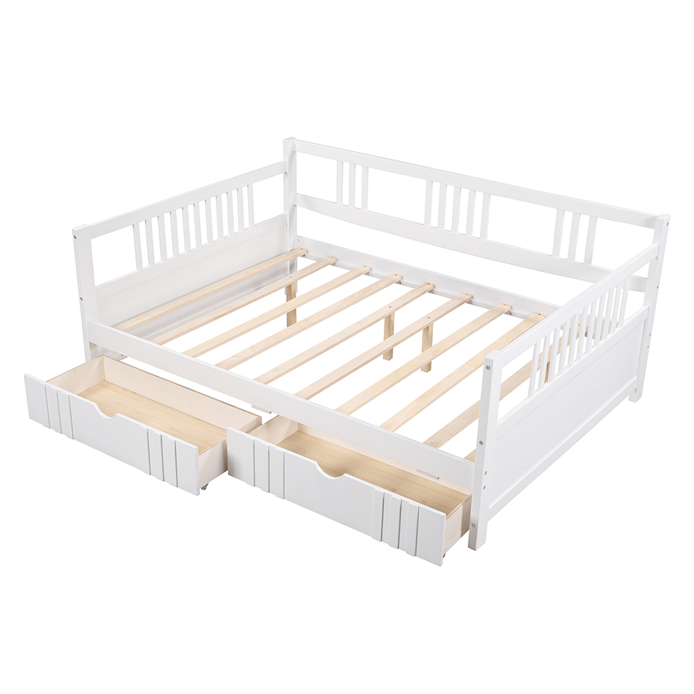 Full Size Daybed with 2 Storage Drawers, and Wooden Slats Support, Space-saving Design, No Box Spring Needed - White