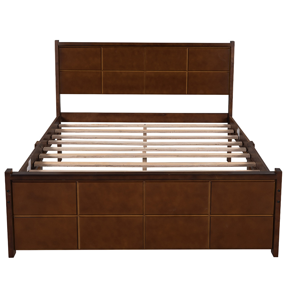 Full-Size Platform Bed Frame with Rectangular Line Shape Headboard and Wooden Slats Support, No Box Spring Needed (Only Frame) - Walnut