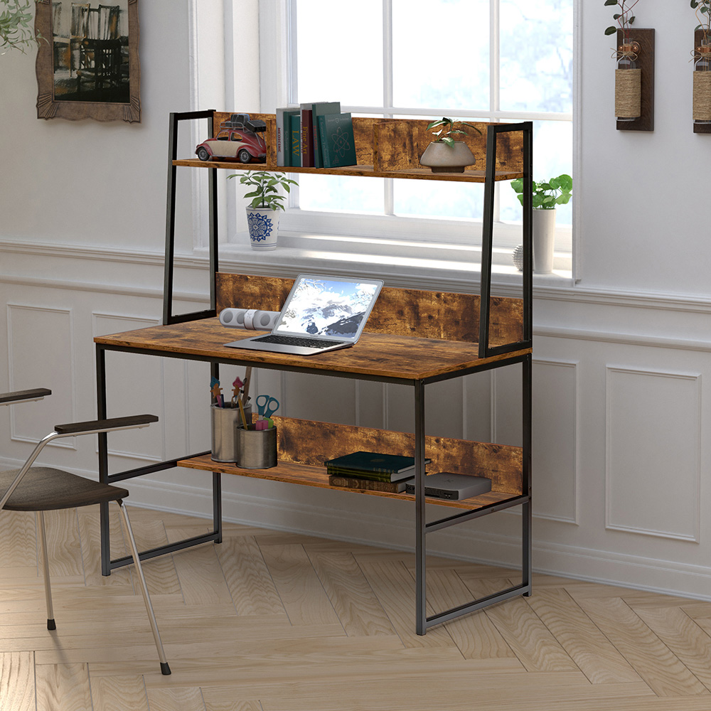 Home Office 47" Computer Desk with Wooden Tabletop and Metal Frame, for Game Room, Office, Study Room - Brown