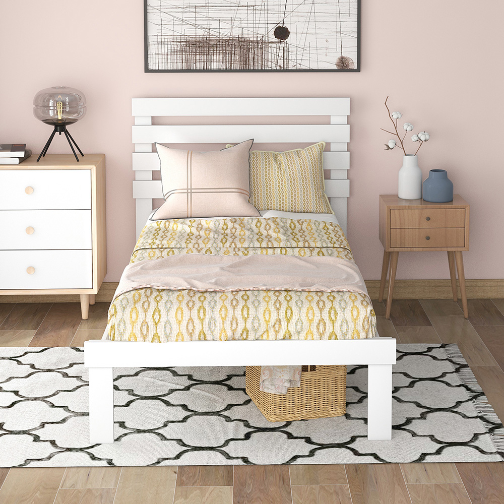 Twin-Size Platform Bed Frame with Headboard and Wooden Slats Support, No Box Spring Needed (Only Frame) - White
