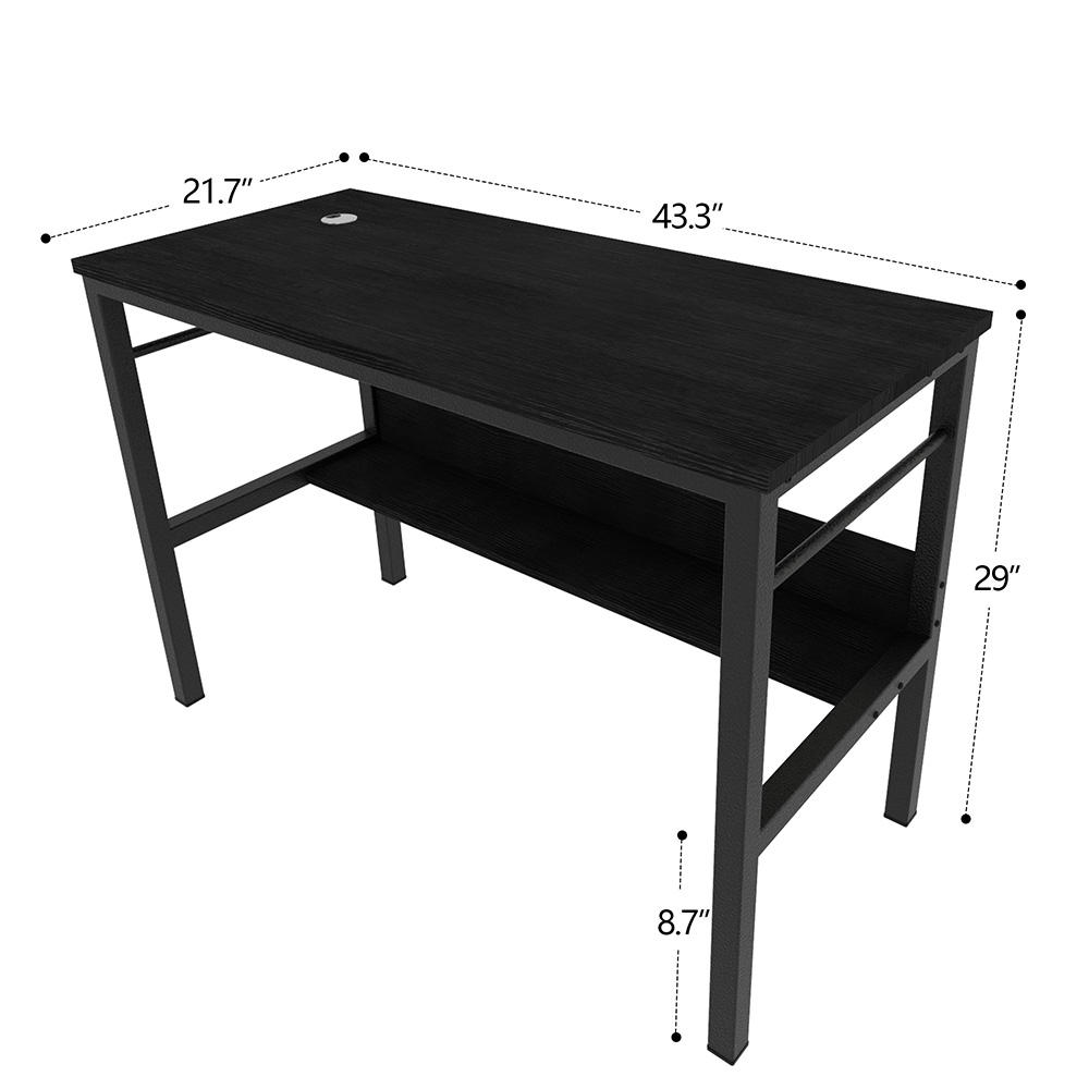 Home Office 43.3" Computer Desk with Bottom Shelf, Wooden Tabletop and Metal Frame, for Game Room, Office, Study Room - Black