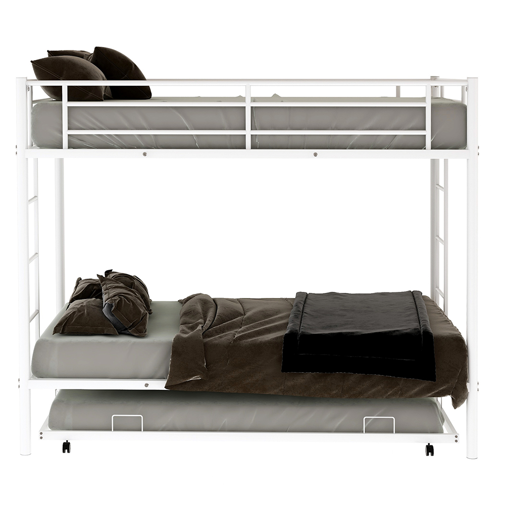 Twin-Over-Twin Size Bunk Bed Frame with Trundle Bed, Ladder, and Metal Slats Support, No Spring Box Required (Frame Only) - White