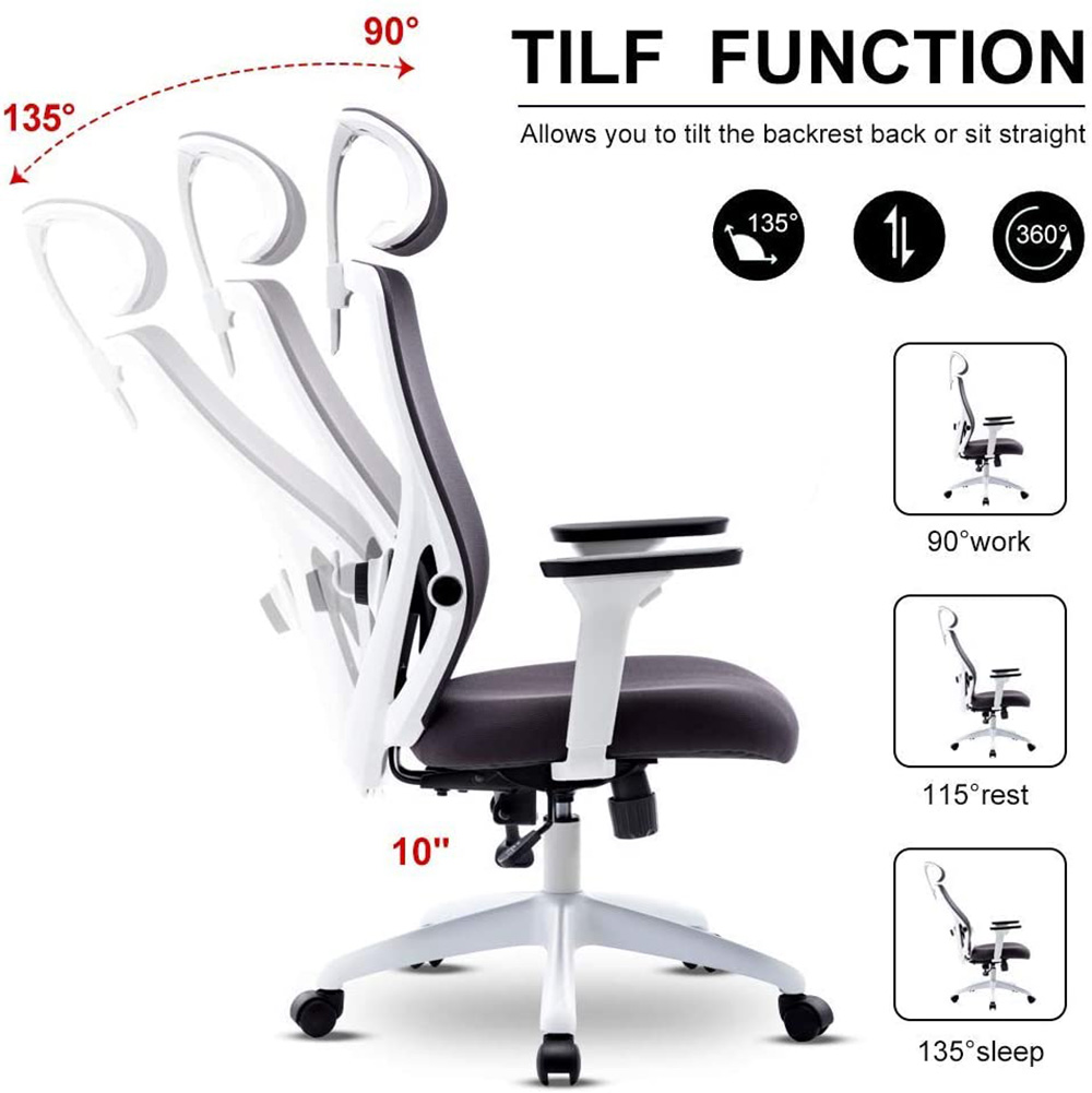 Art Lift Mesh Rotatable Office Chair Height Adjustable with Ergonomic High Backrest and Headrest - White