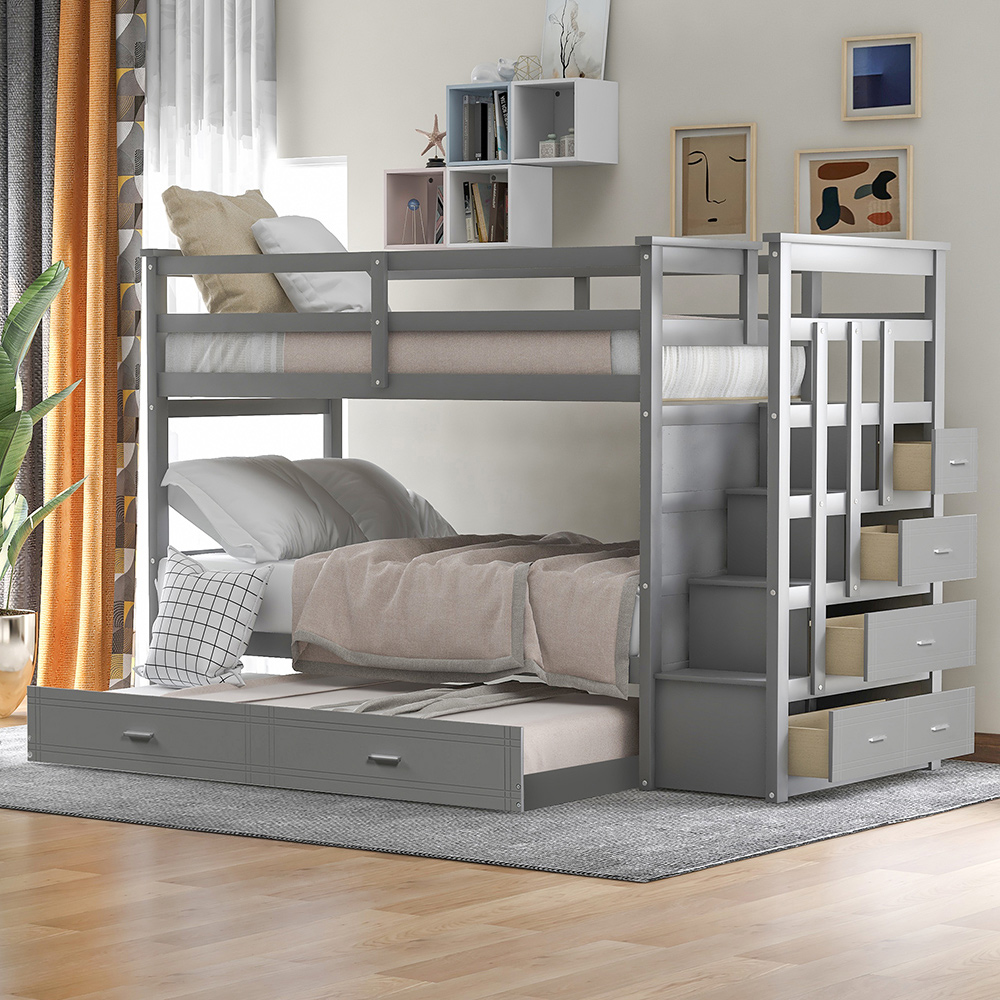 Twin-Over-Twin Size Bunk Bed Frame with Trundle Bed, Storage Stairs, and Wooden Slats Support, No Spring Box Required (Frame Only) - Gray