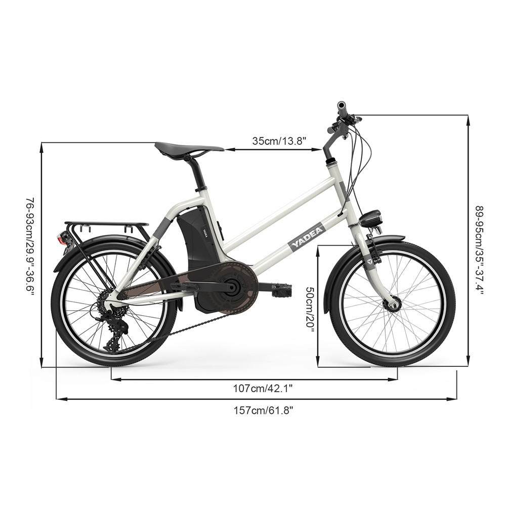 YADEA YT300 20 inch Touring Electric City Bike 350W OKAWA Mid Drive Motor SHIMANO 7-Speed Rear Derailleur 36V 7.8Ah Removable Battery 25km/h Max speed up to 60km Max Range LED Headlight - White