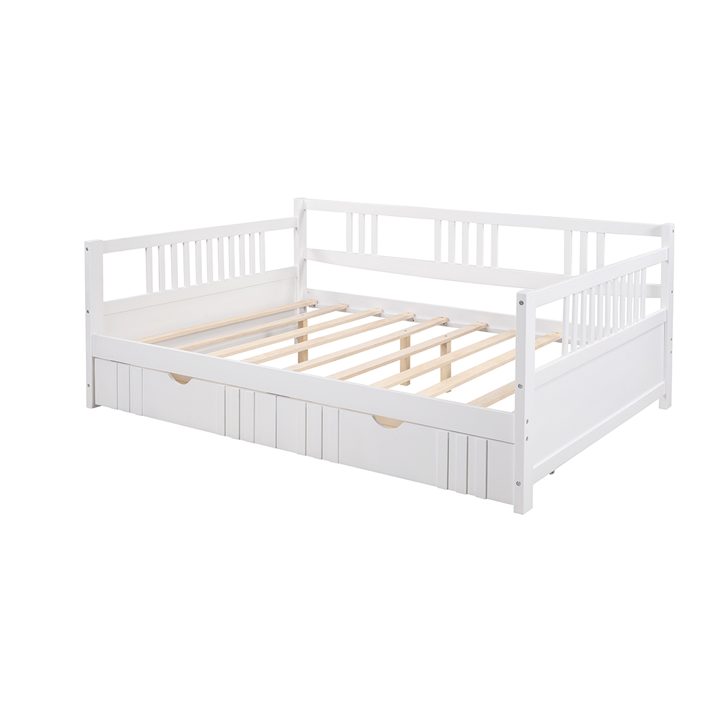 Full Size Daybed with 2 Storage Drawers, and Wooden Slats Support, Space-saving Design, No Box Spring Needed - White