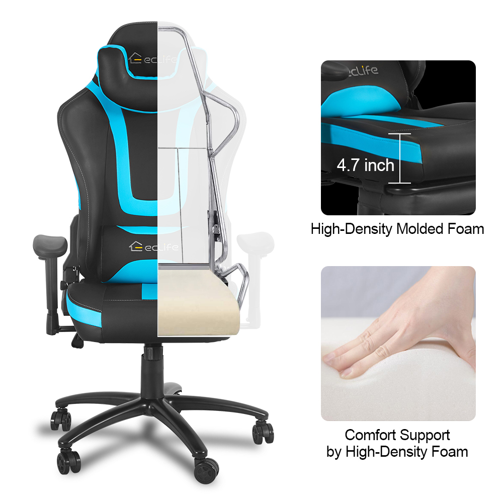 Home Office PU Leather Rotatable Massage Gaming Chair Height Adjustable with Ergonomic High Backrest and Casters - Blue