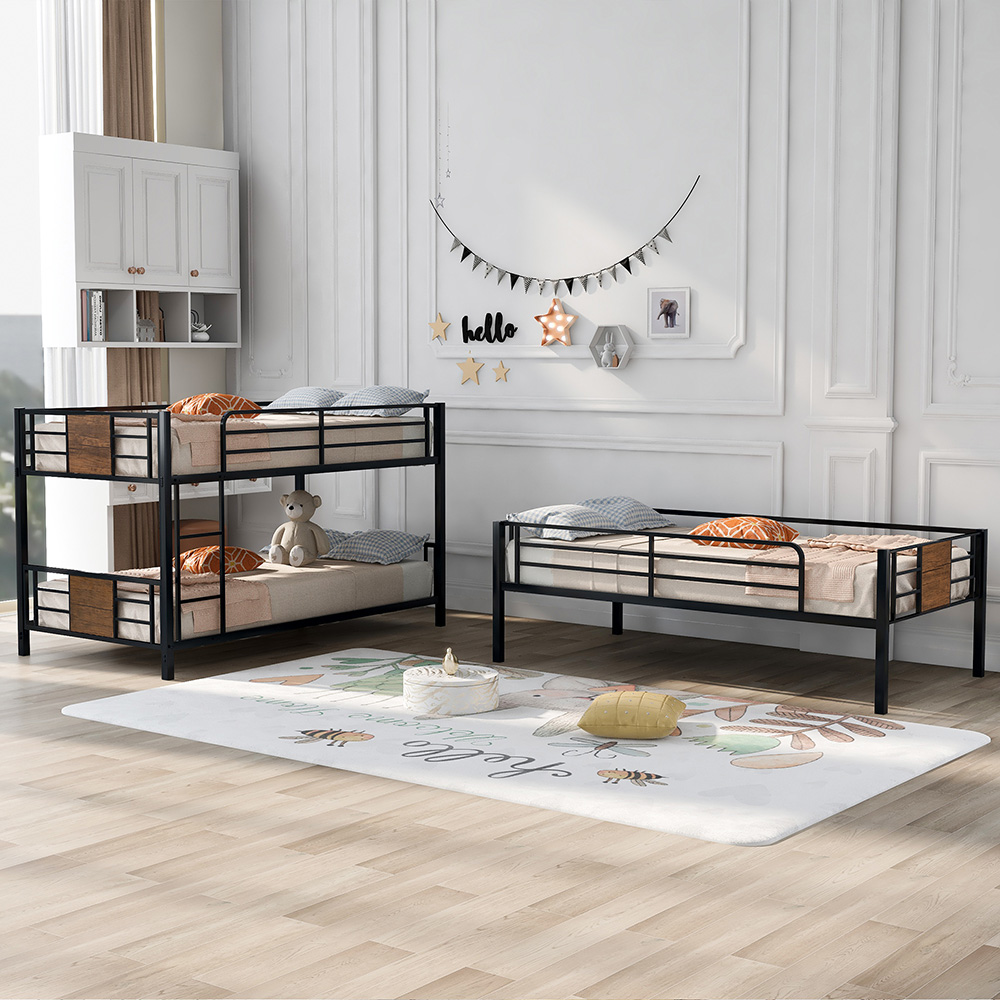 Twin-Size Triple Bed Frame with Ladder, and Metal Slats Support, No Spring Box Required (Frame Only) - Brown