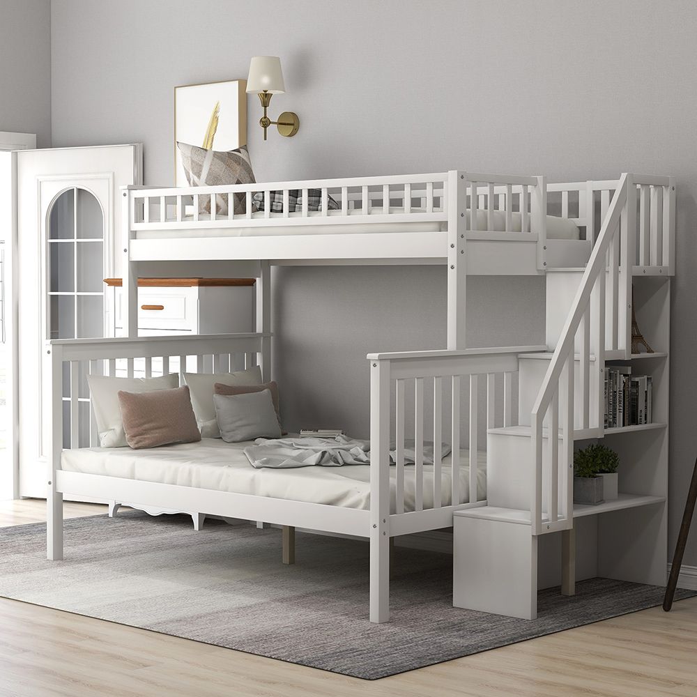 Twin-Over-Full Size Bunk Bed Frame with Storage Shelves, and Wooden Slats Support, No Spring Box Required (Frame Only) - White