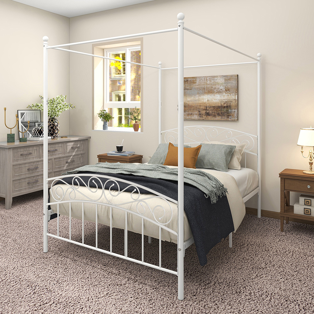 Queen-Size Canopy Metal Platform Bed Frame with 4 Pillars, Headboard and Metal Slats Support, No Box Spring Needed (Only Frame) - White