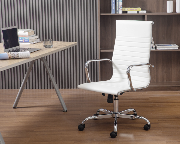 PU Leather Rotating Office Chair Height Adjustable with Ergonomic Backrest and Casters - White