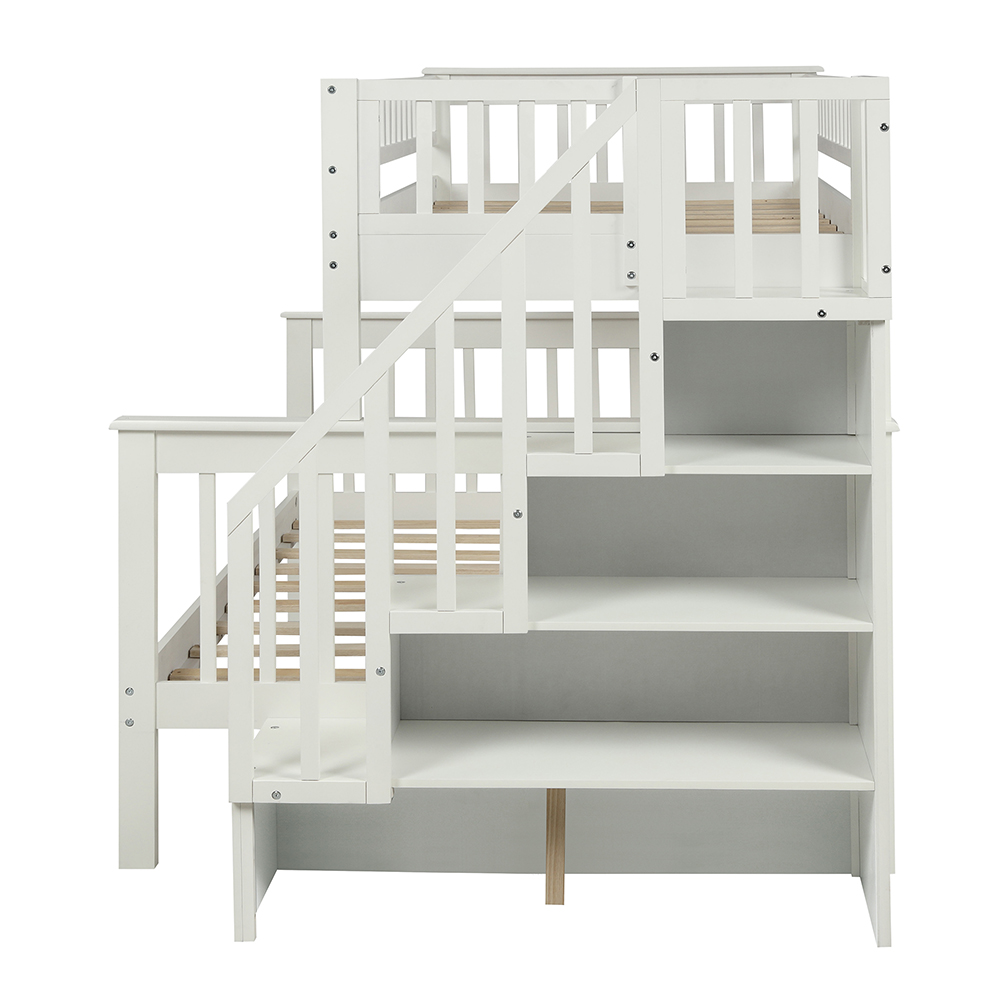 Twin-Over-Full Size Bunk Bed Frame with Storage Shelves, and Wooden Slats Support, No Spring Box Required (Frame Only) - White