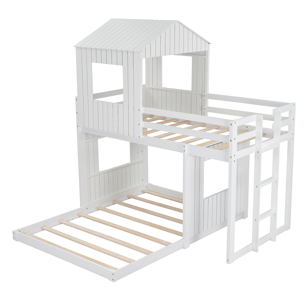 Twin-Over-Full Size Bunk Bed Frame with Roof, and Wooden Slats Support, No Spring Box Required (Frame Only) - White