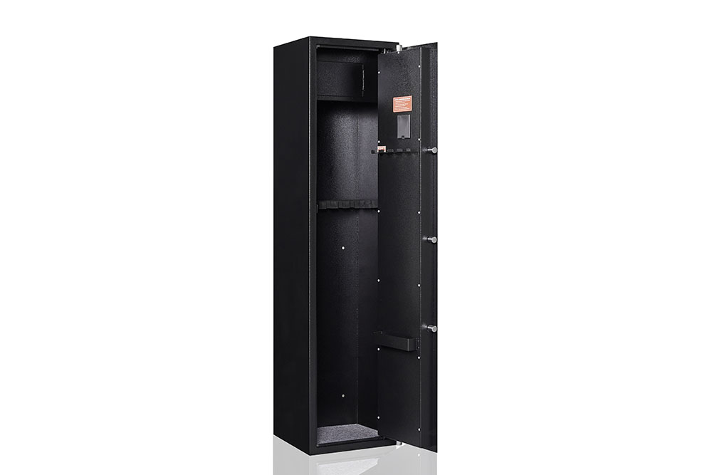 57" Biometric Fingerprint Identification Steel Safety Cabinet, with Numeric Keypad and Inner Box, for 5 Rifles - Black