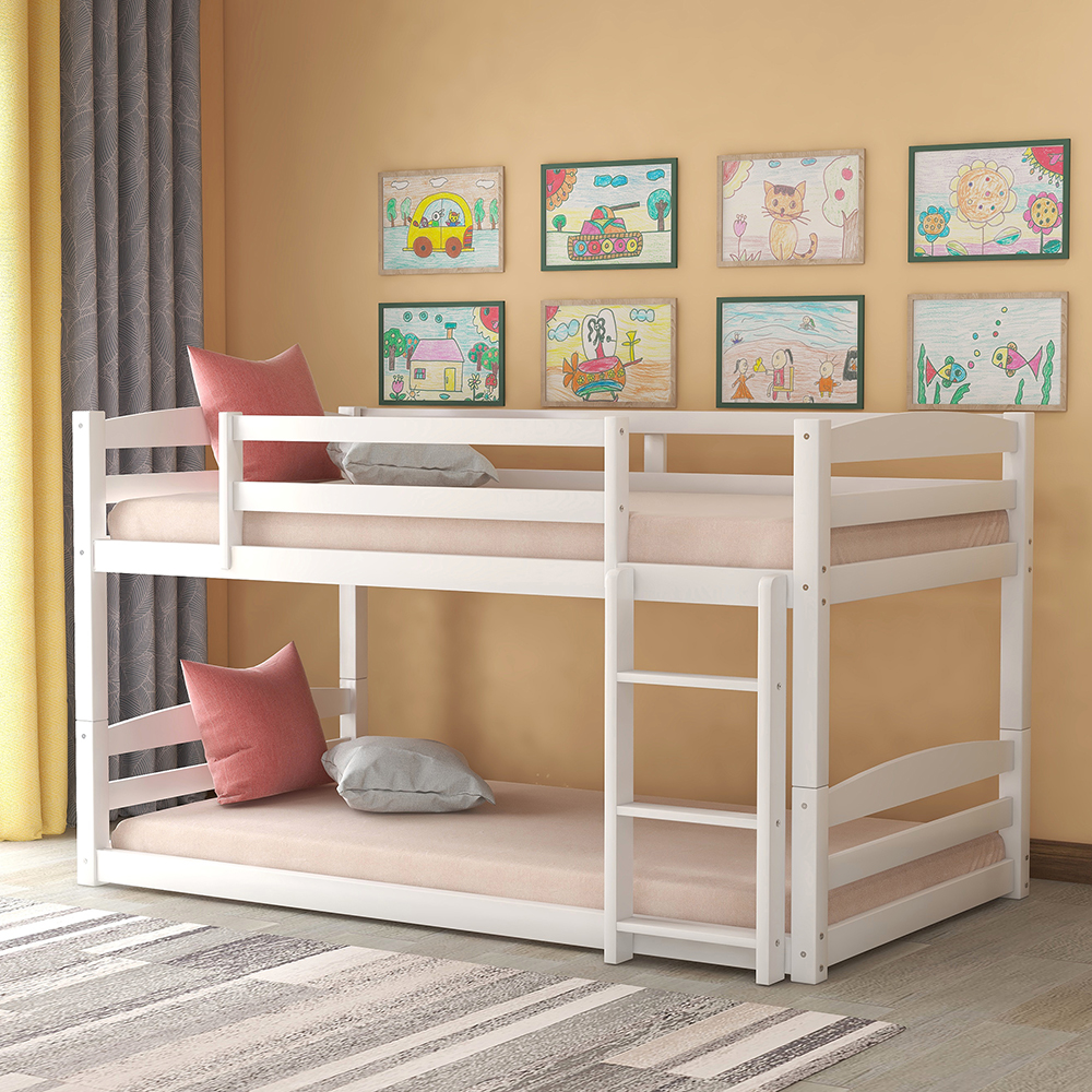 Twin-Over-Twin Size Separable Bunk Bed Frame with Ladder, and Wooden Slats Support, No Spring Box Required (Frame Only) - White